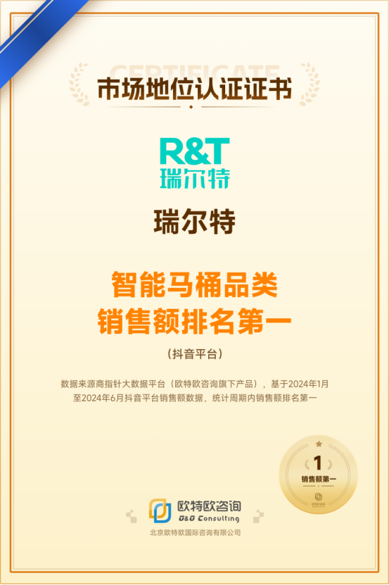 官方认证！RT瑞尔特抖音智能马桶品类第一荣耀再添新章(图2)