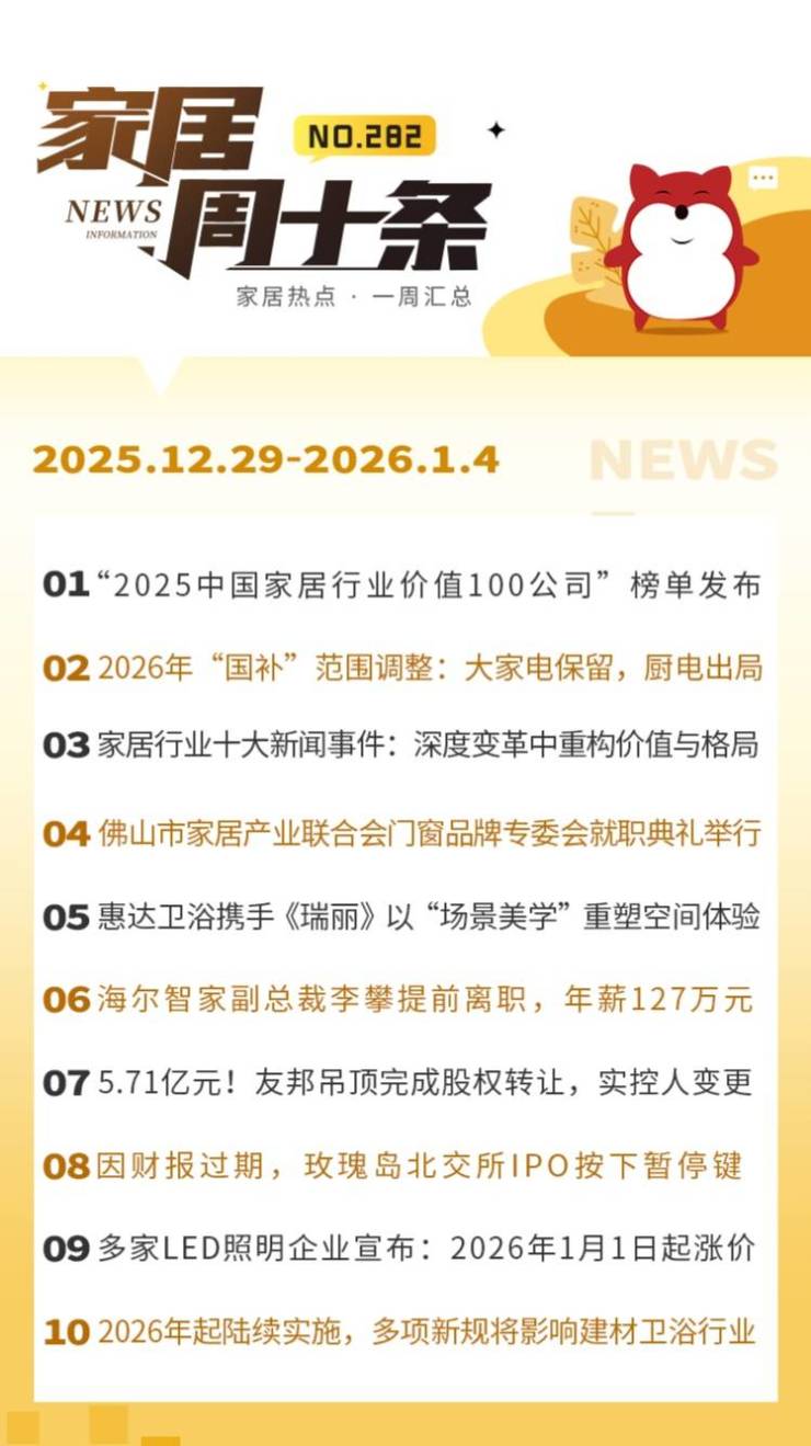 周十条 2025 中国家居行业价值100公司正式发布、2026年国补定调、家居行业十大新闻事件出炉(图1)